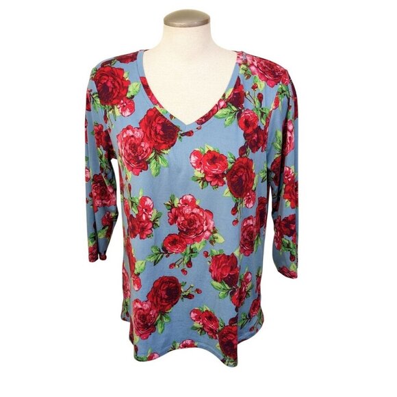 The Pioneer Woman Size M Classic Blue Red Floral Print Top Blouse Stretch Soft - Picture 1 of 7